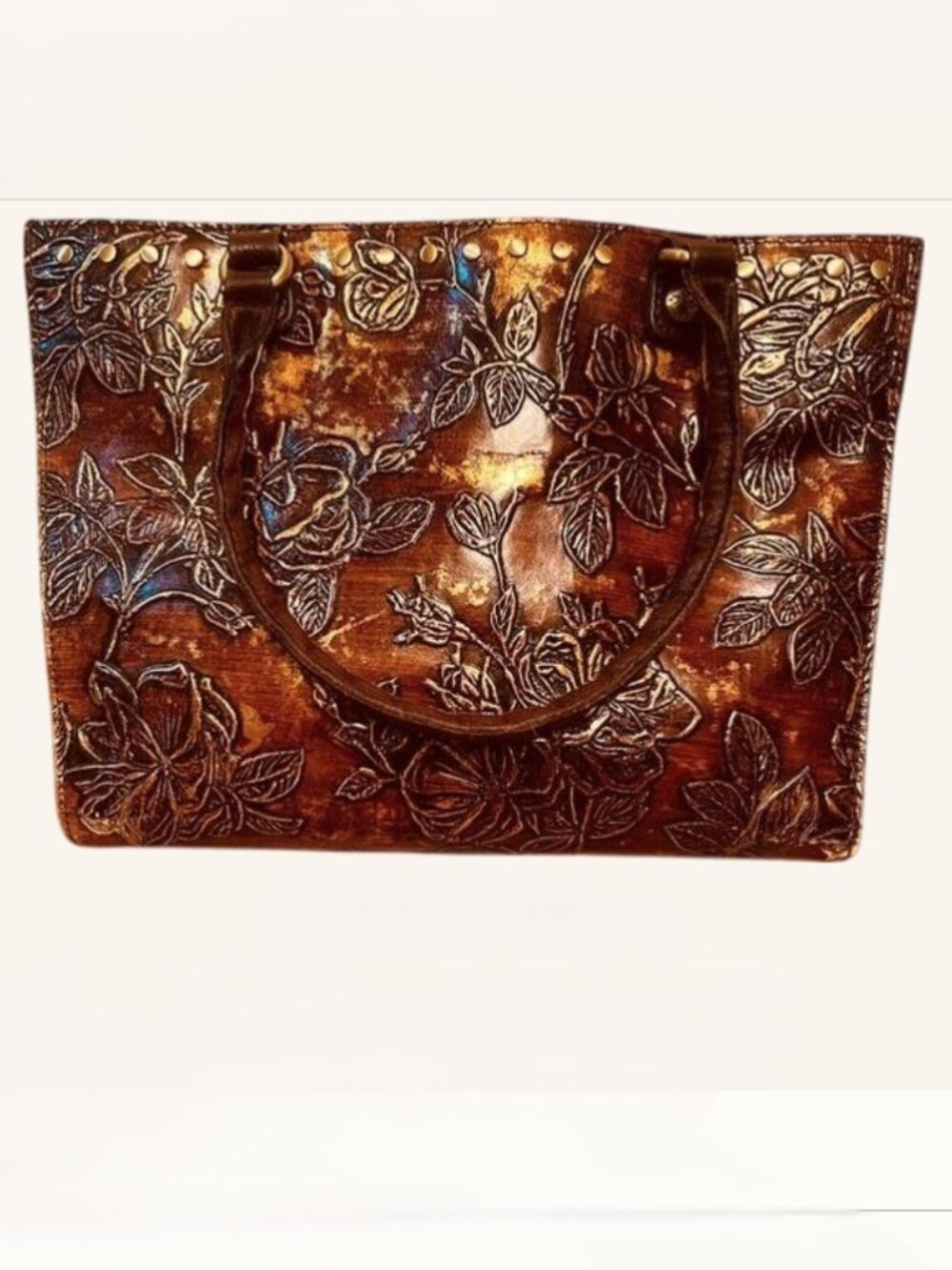 Patricia Nash Brown Zancona Metallic Floral Embossed Leather Tote